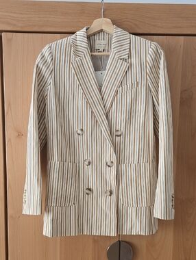 Sezane Michele Blazer, Striped Double-Breasted Blazer in Beige/Cafe, US2, VGUC